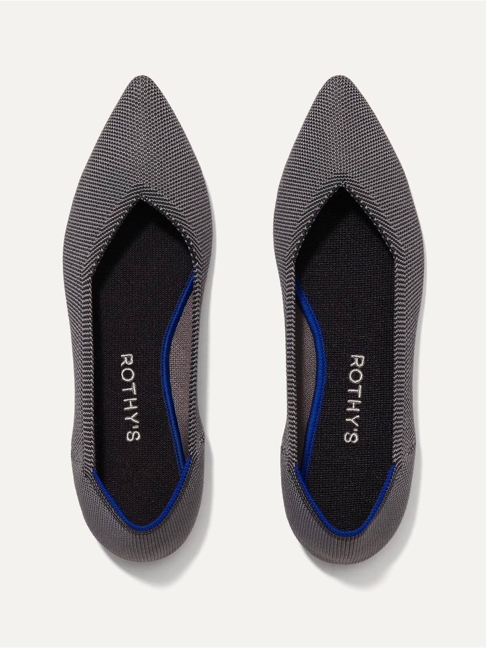 Rothy's Pointed Knit Flats in Charcoal and Black with blue trim